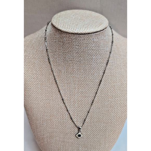 925 Evil Eye Tiny Dark Blue Dot Pendant Necklace 16 Inches darker silver finish - Picture 1 of 4